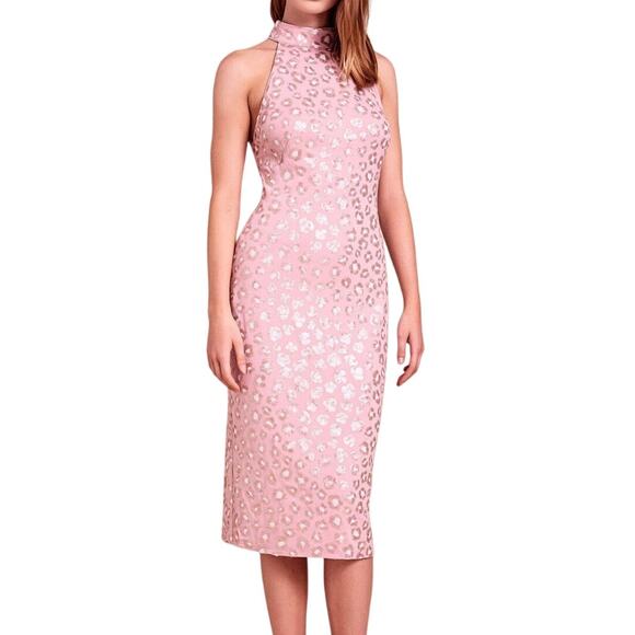 SHO by TADASHI SHOJI Sleeveless Sequin Sheath Dress in Blush Pink Leopard Large - Picture 1 of 8